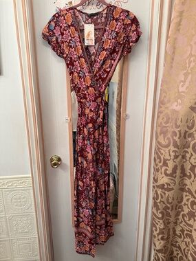 Women's Burgundy Floral Wrap Maxi Dress with Pink Accents